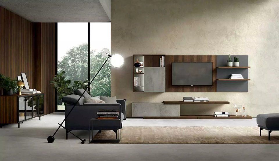 salotto con piantana obliqua e arredi moderni