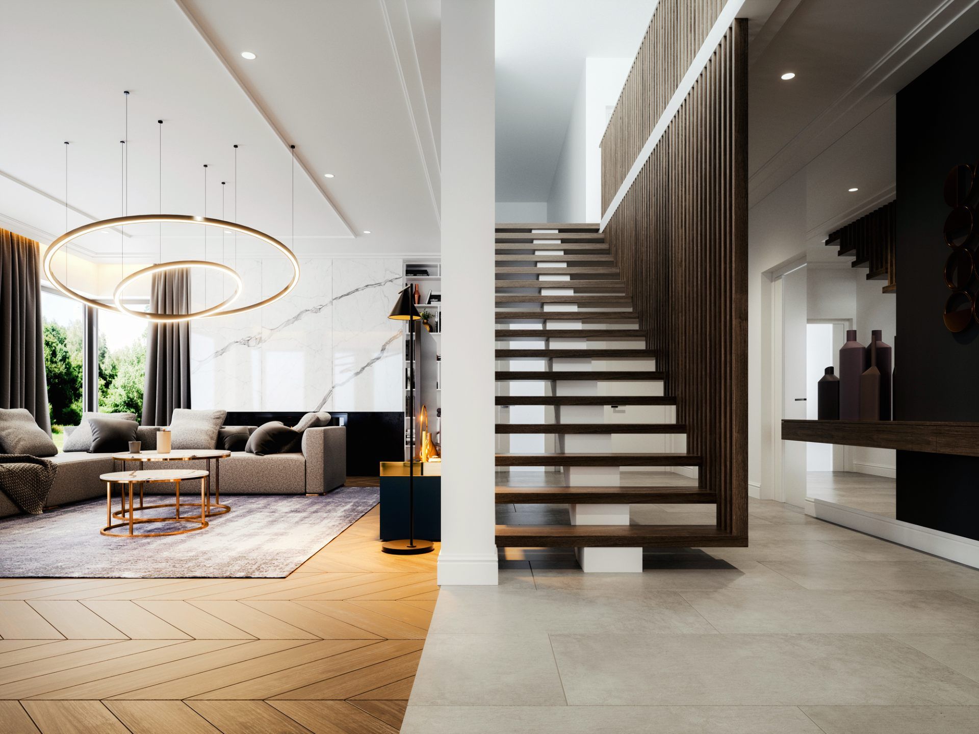 zona living moderna con parquet chiaro e scale in legno scuro