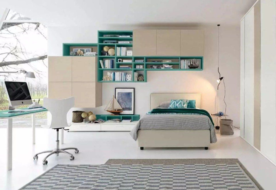 cameretta con arredi beige e verde acqua