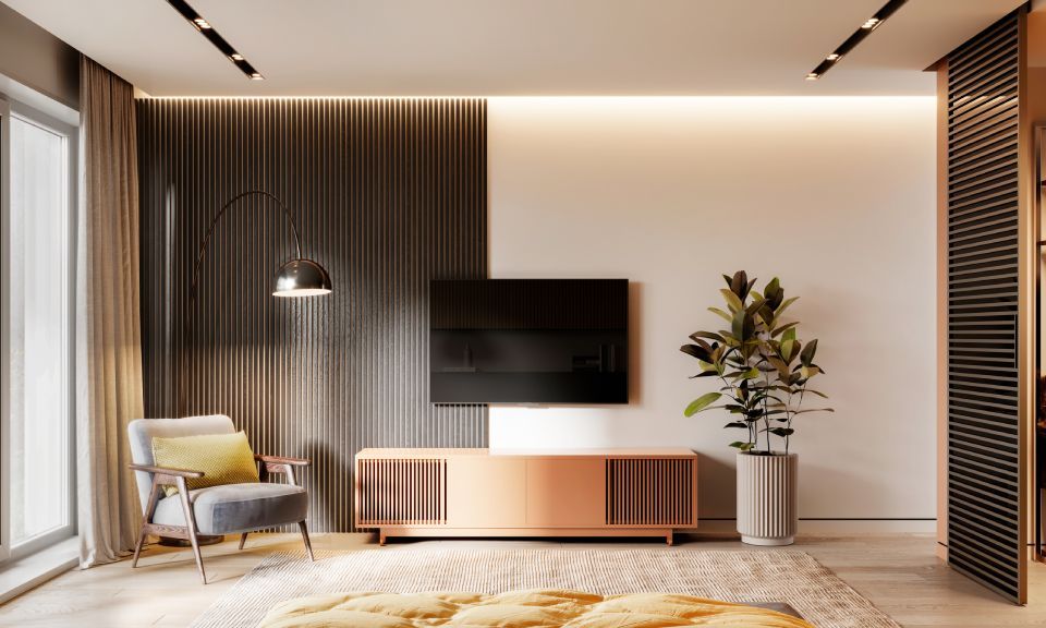 madia in legno chiaro, tv appesa e parete con pannello grigio