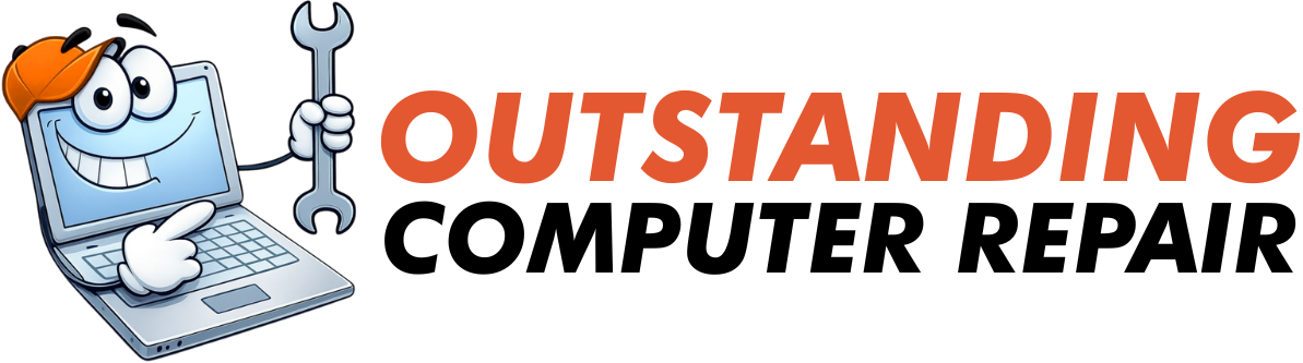 Cartoon laptop with wrench, text: 