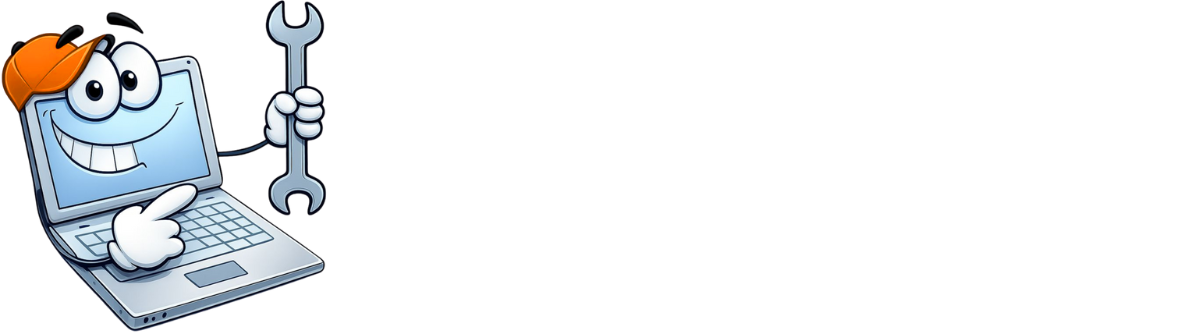 Smiling cartoon laptop holding a wrench, pointing at the keyboard.