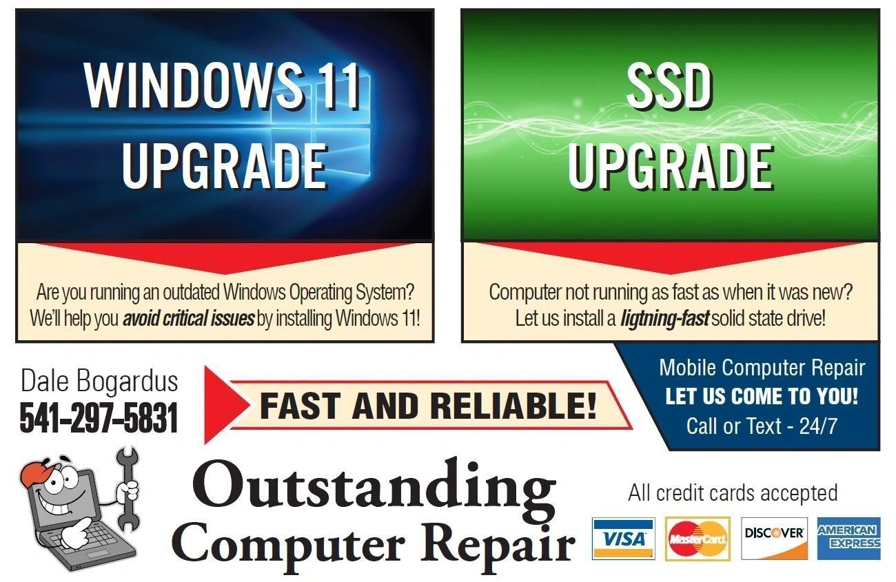 Advertisement for computer repair services with Windows 11 and SSD upgrades. Includes contact info and credit card logos.