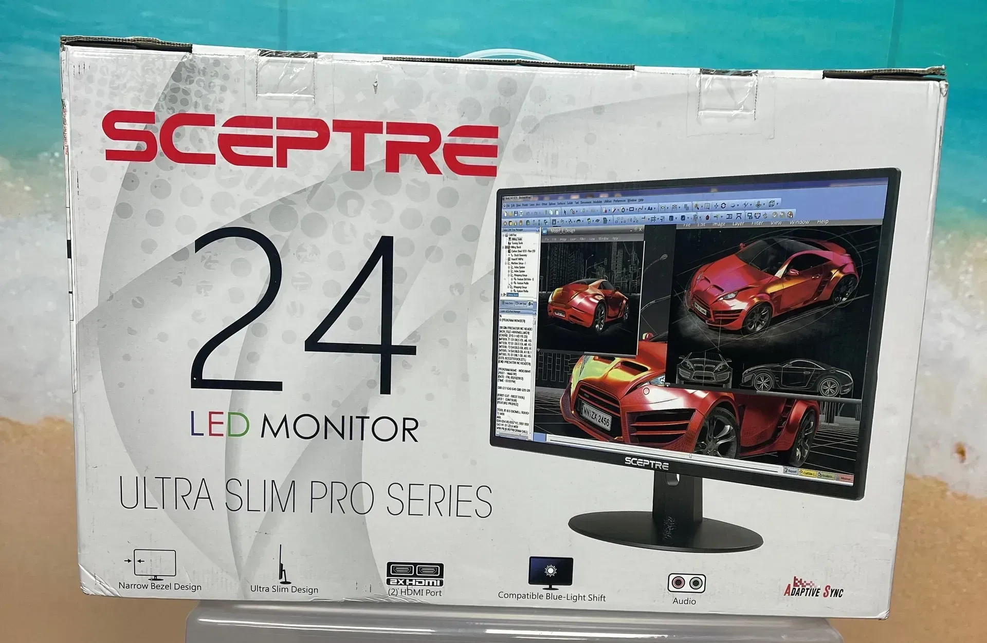 Sceptre 24 inch LED monitor box, with monitor display, showing car images. White background with red text.