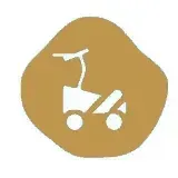 A blue and white icon of a shopping cart on wheels.