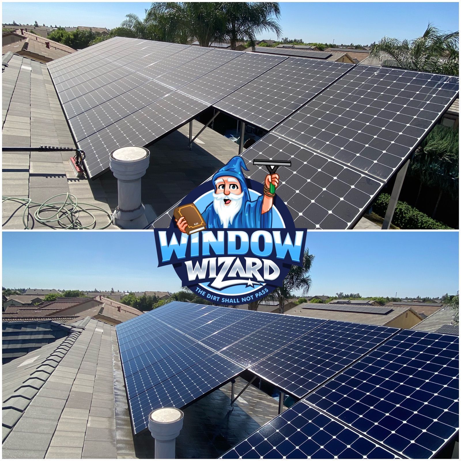 Two pictures of a roof with solar panels and a logo for window wizard