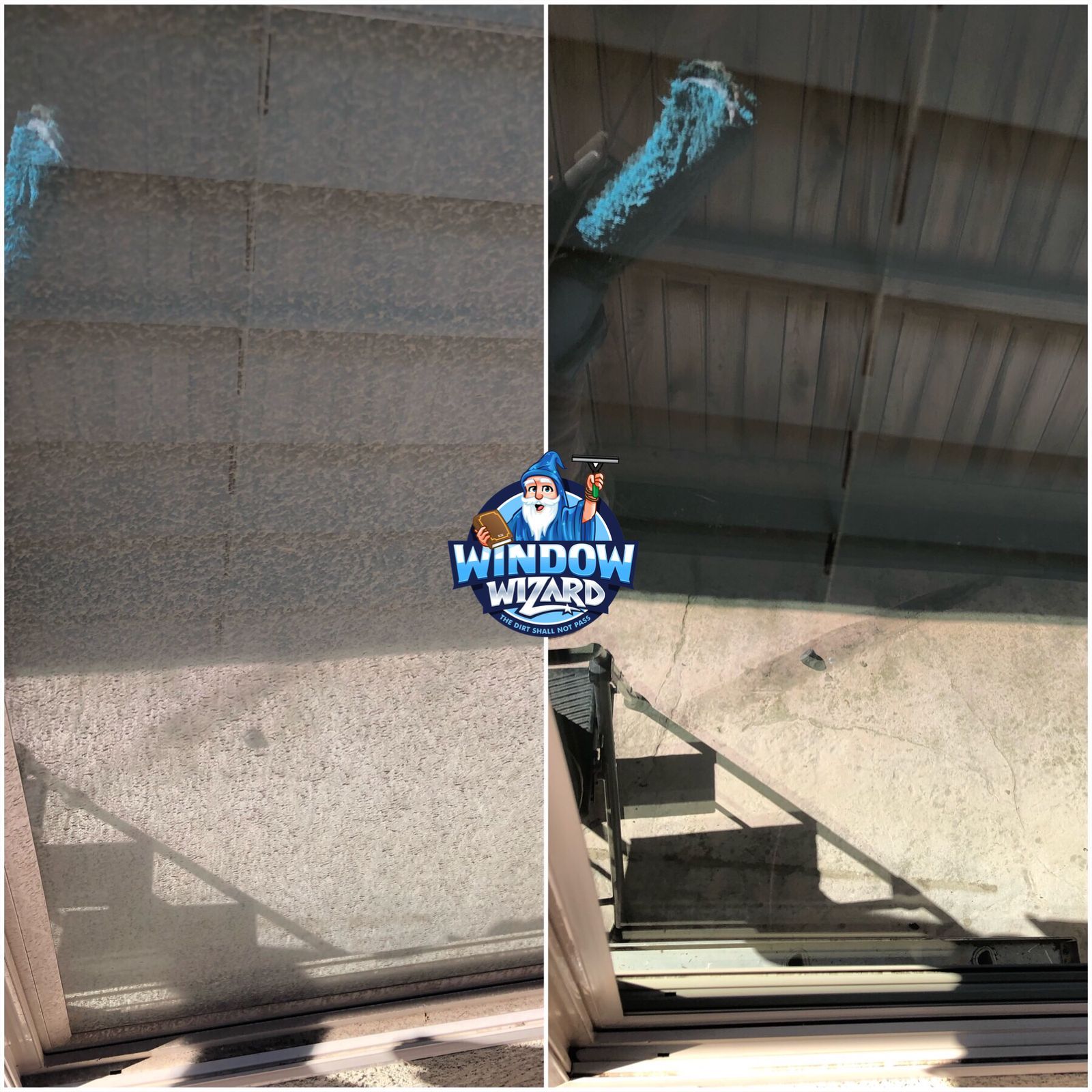 A before and after photo of a window being cleaned by window wizard
