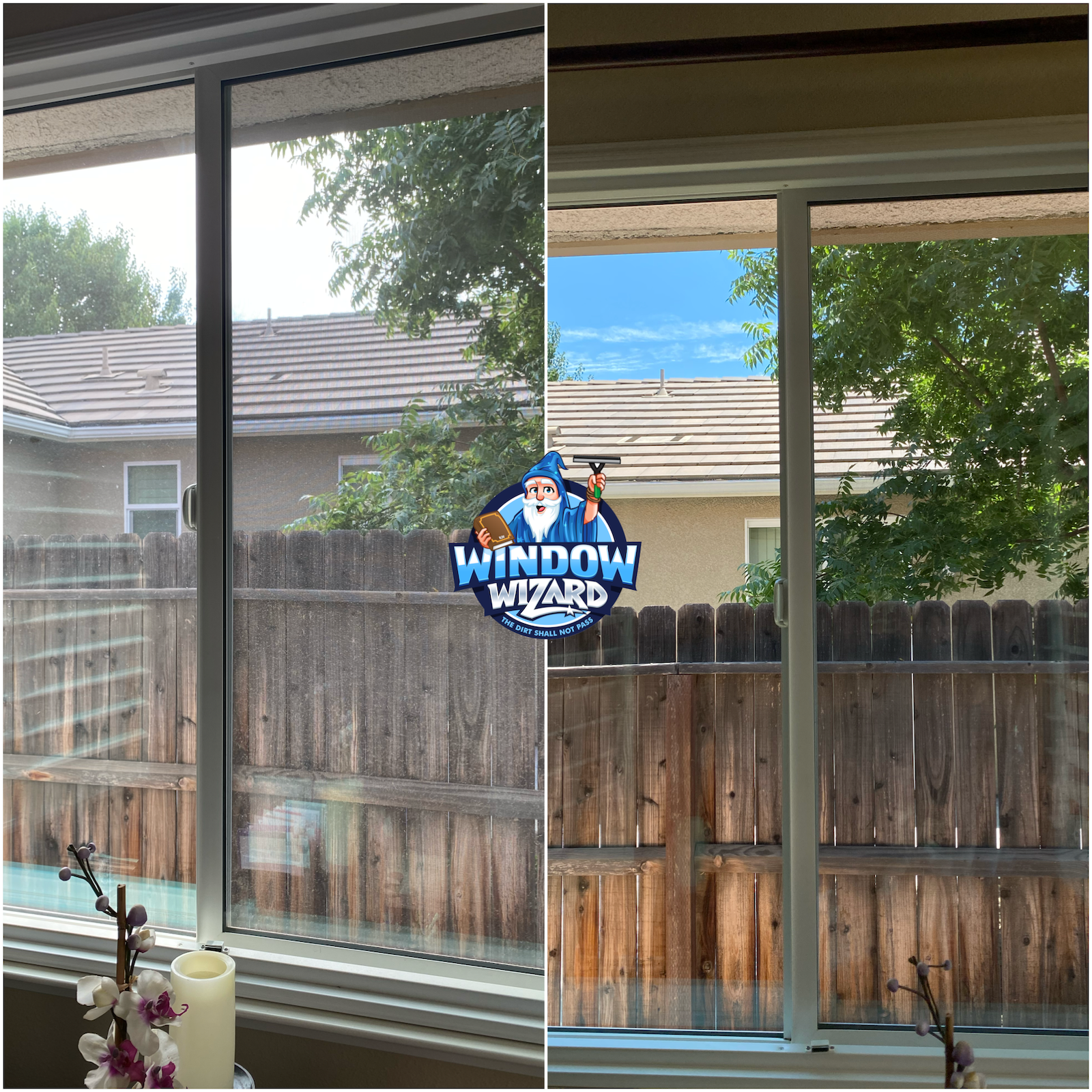 A before and after picture of a window being cleaned by a window wizard.