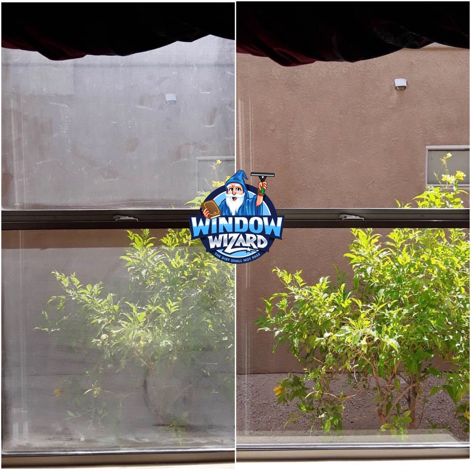 A picture of a window before and after being cleaned by window wizard