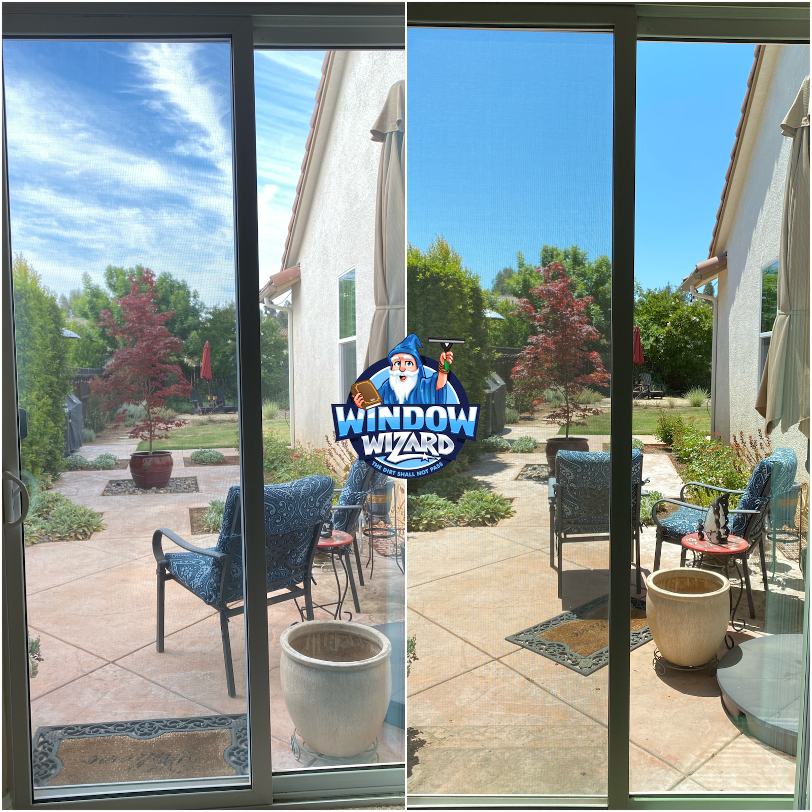 A before and after photo of a sliding glass door with a window wizard logo on it.