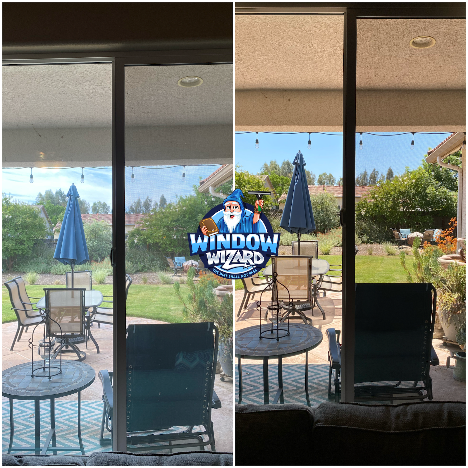 A before and after photo of a sliding glass door being cleaned by window wizard.