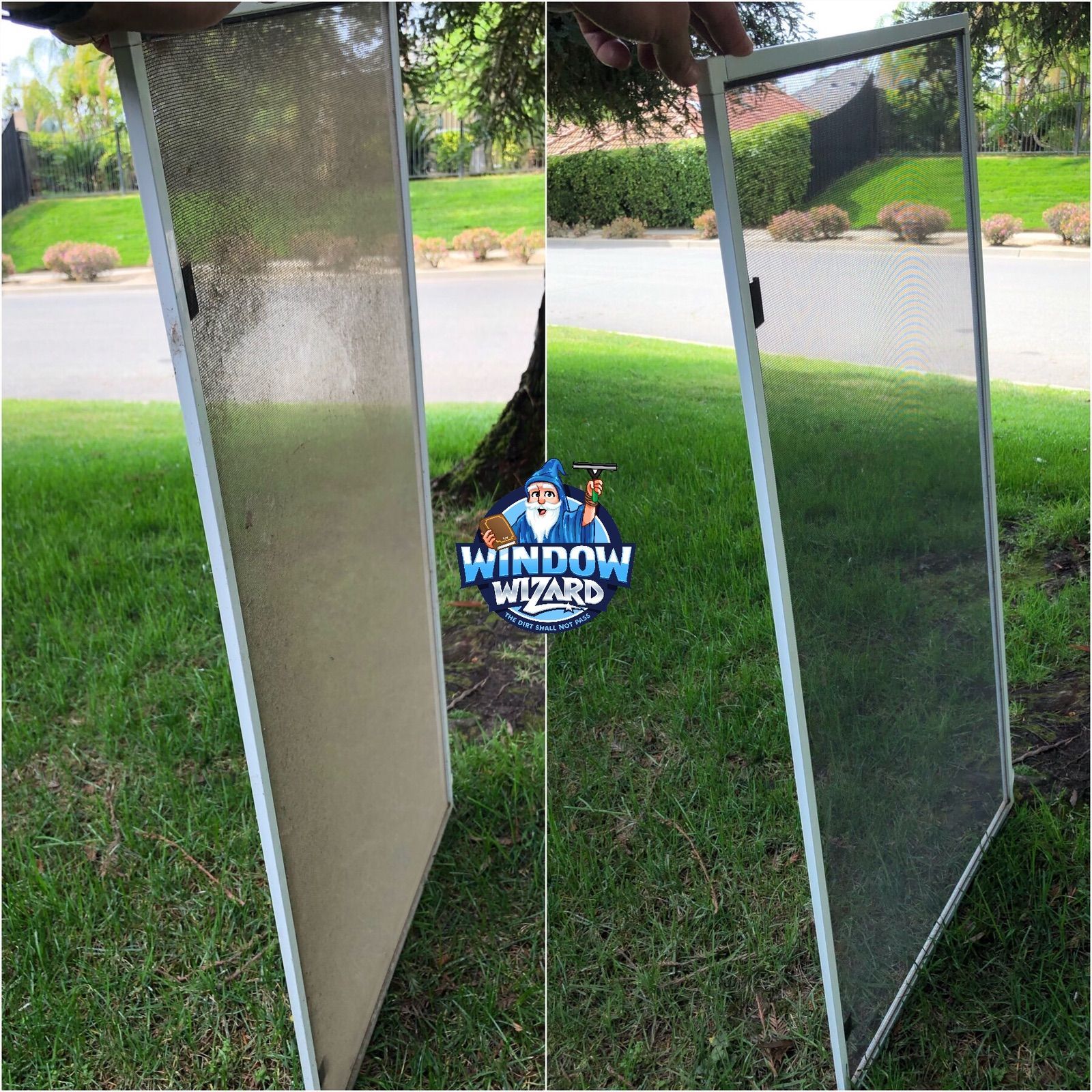 A before and after picture of a window screen sitting on top of a lush green field.