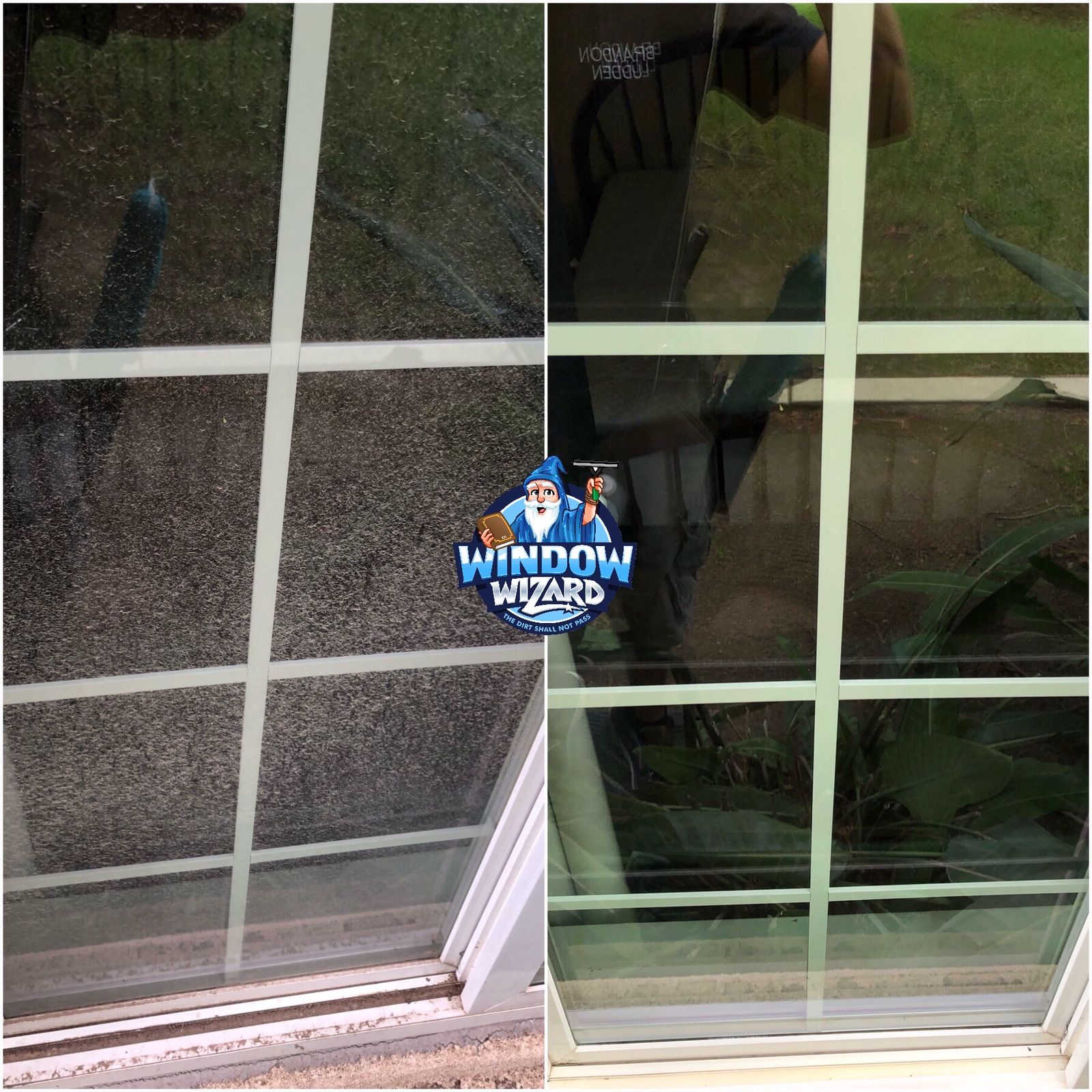 A before and after picture of a window being cleaned by a window wizard.