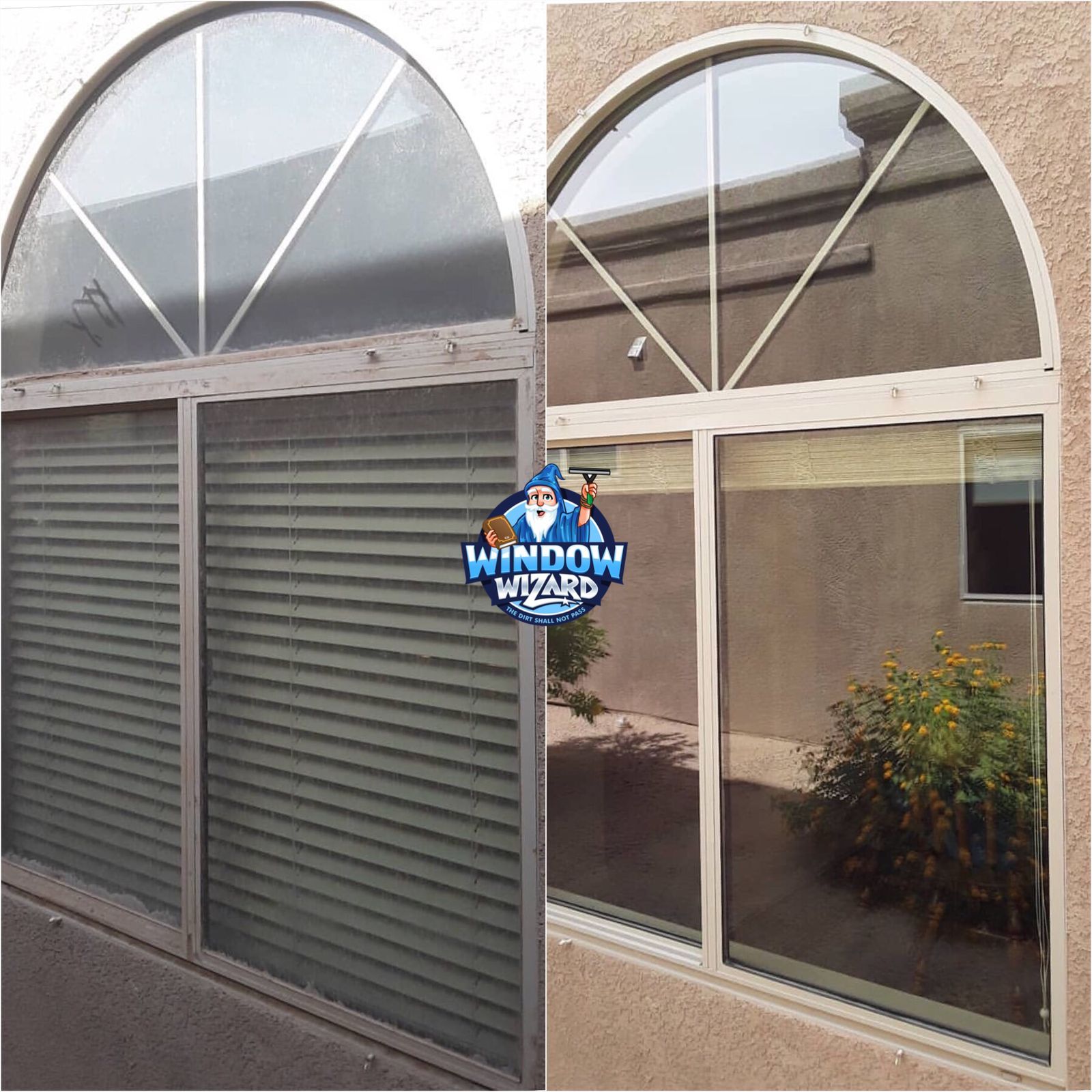 A before and after picture of a window being cleaned by window wizards