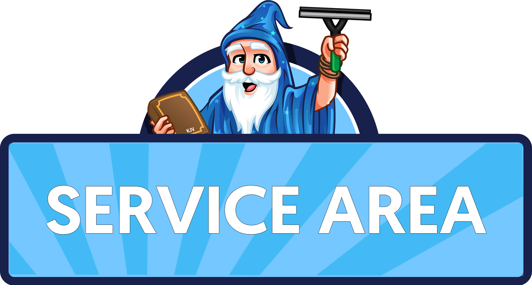 A blue sign with a wizard holding a squeegee and the words `` service area ''.