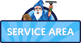 A blue sign with a wizard holding a squeegee and the words `` service area ''.