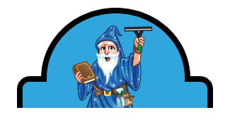 A wizard is holding a book and a window cleaner.