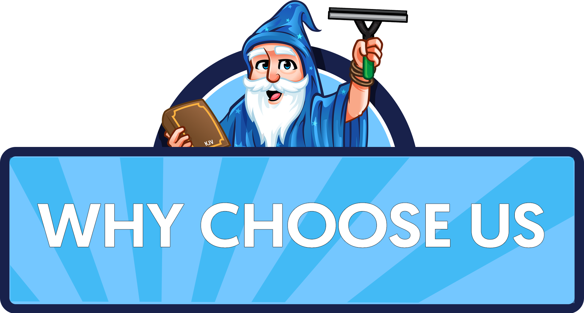 A wizard is holding a squeegee and a sign that says `` why choose us ''.