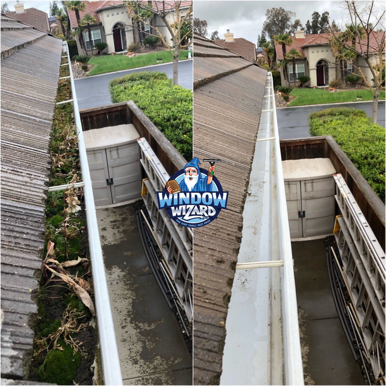 A before and after picture of a gutter cleaning service.