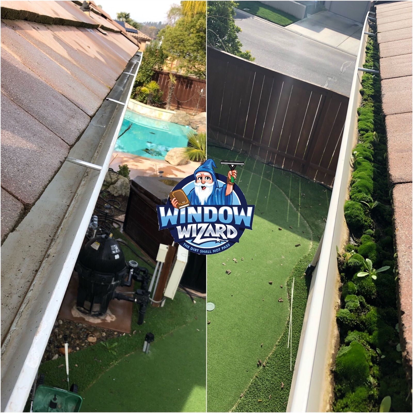 A before and after picture of a window wizard gutter cleaning