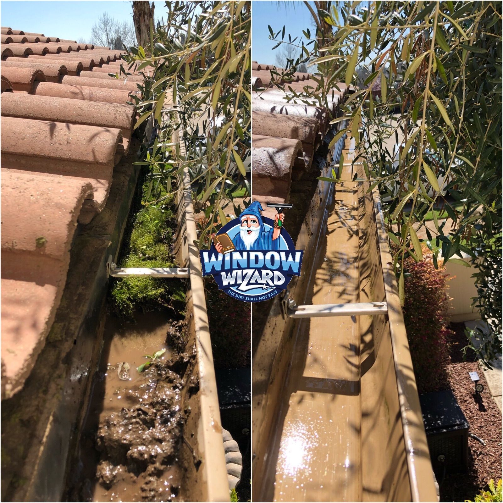 A picture of a gutter before and after being cleaned by window wizard