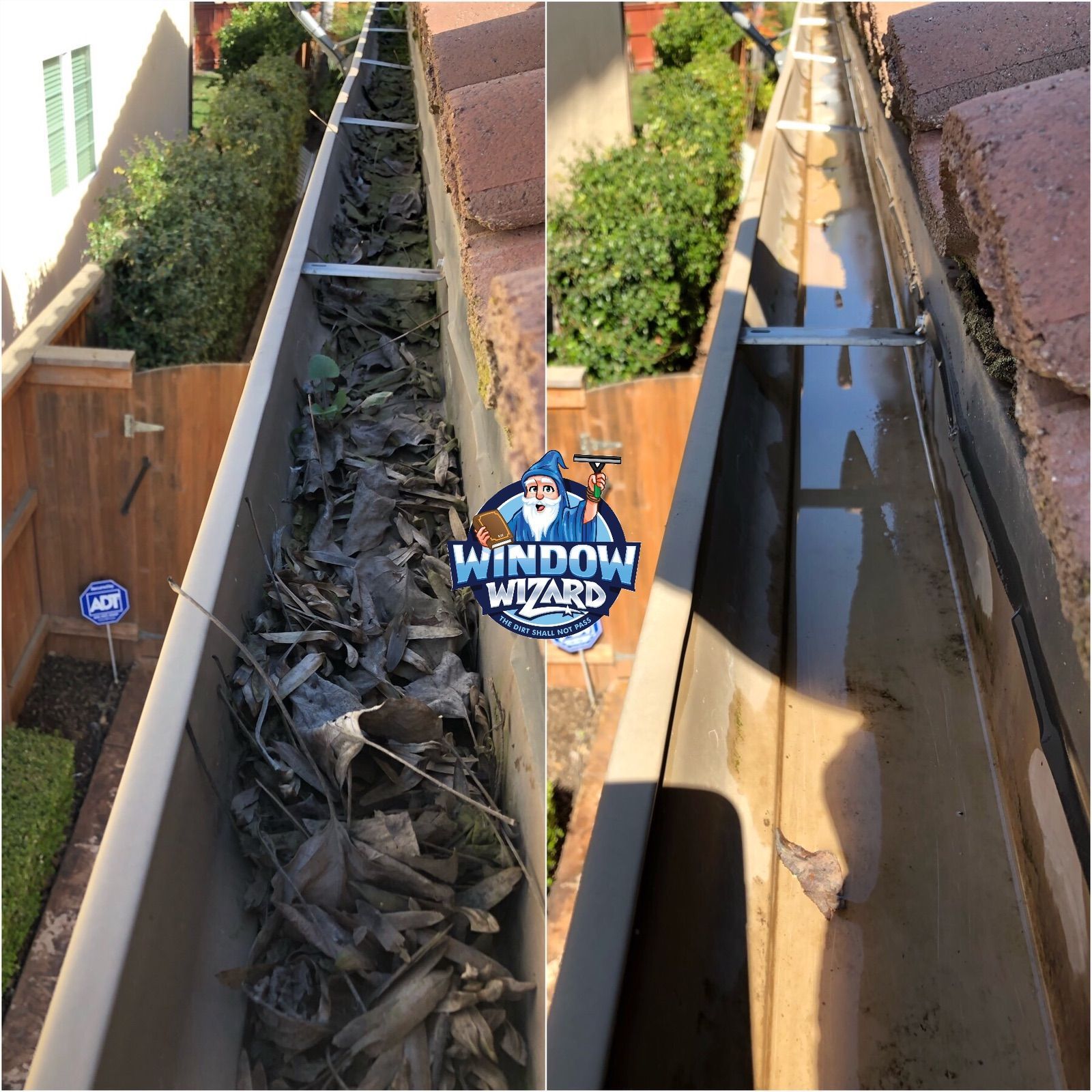 A before and after picture of a gutter being cleaned by a window wizard.