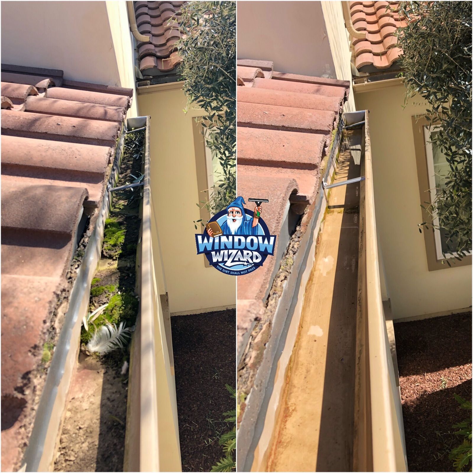 A before and after picture of a gutter on a house.