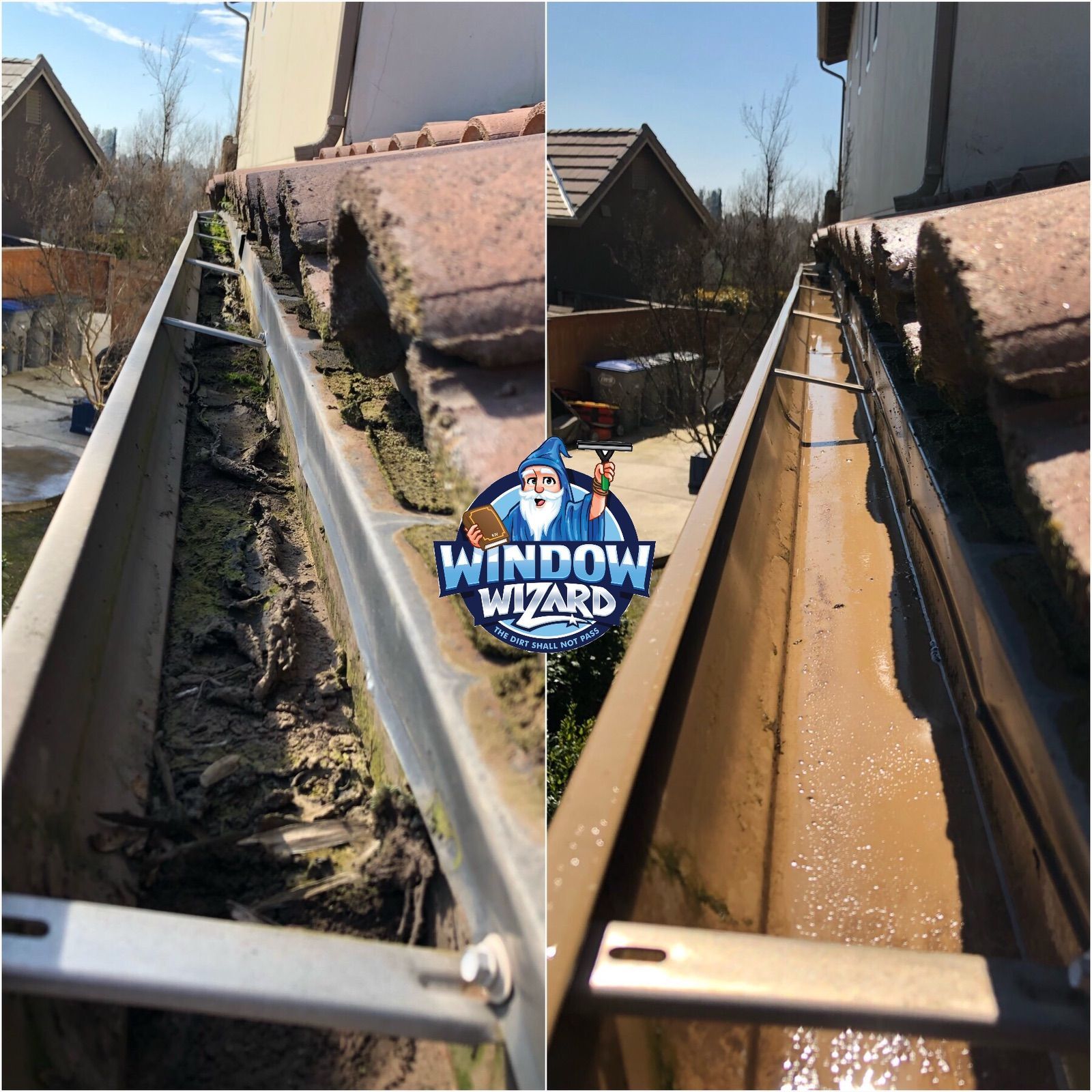 A picture of a gutter before and after being cleaned by window wizard