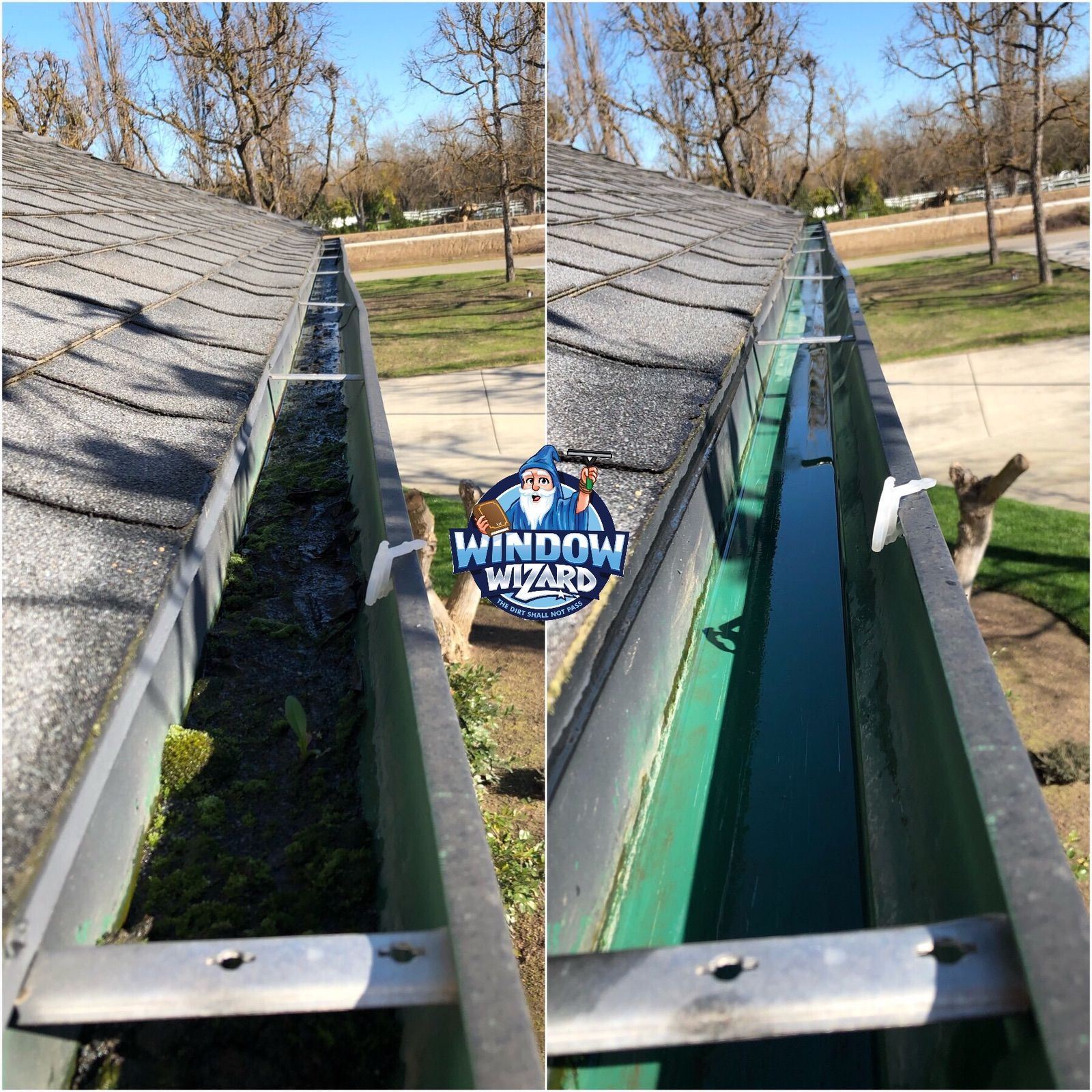 A before and after picture of a gutter being cleaned by a window wizard.