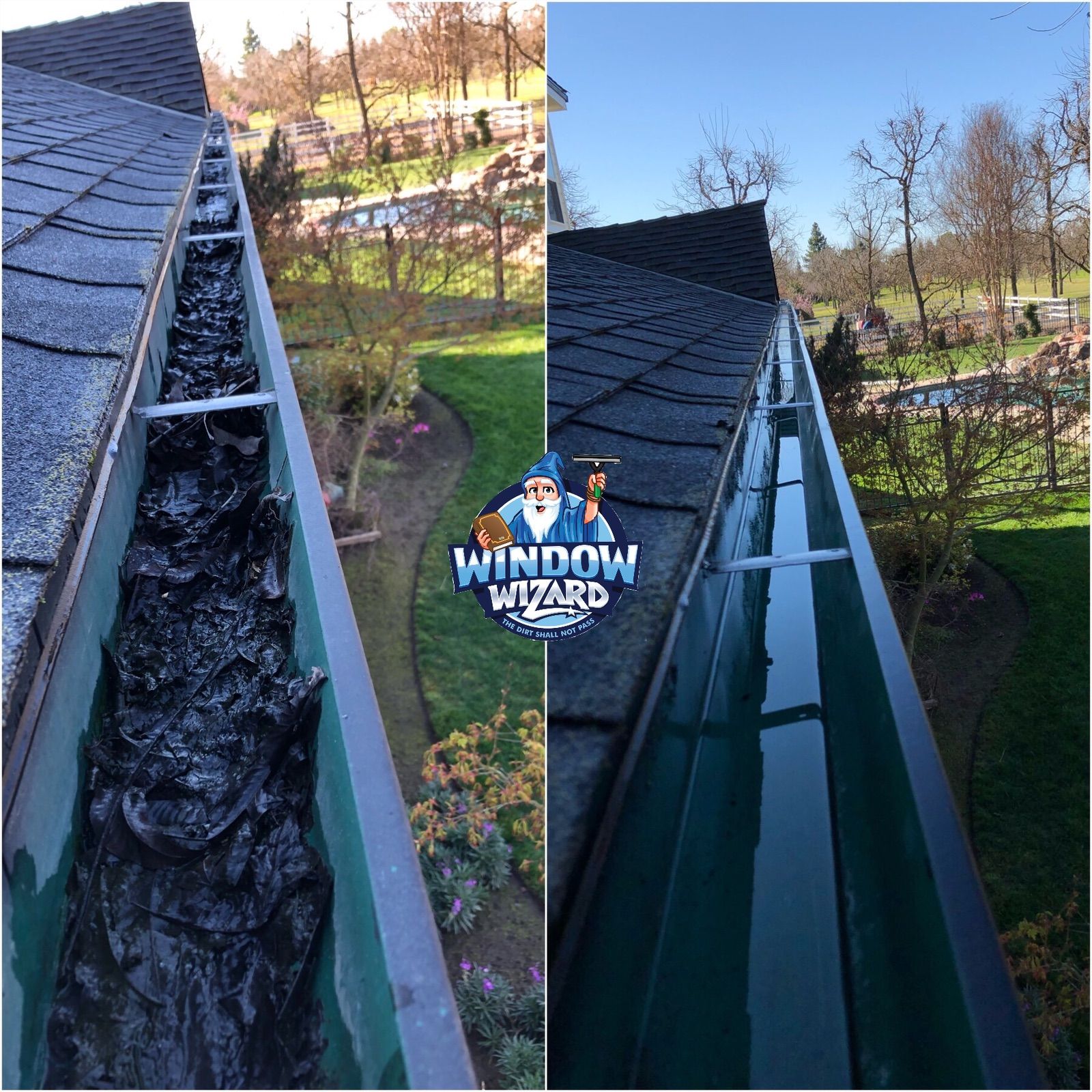 A before and after picture of a gutter cleaning by window wizard