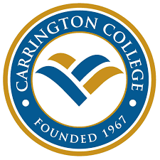 Carrington College logo: Blue and gold circular seal with text and stylized waves. Founded 1967.