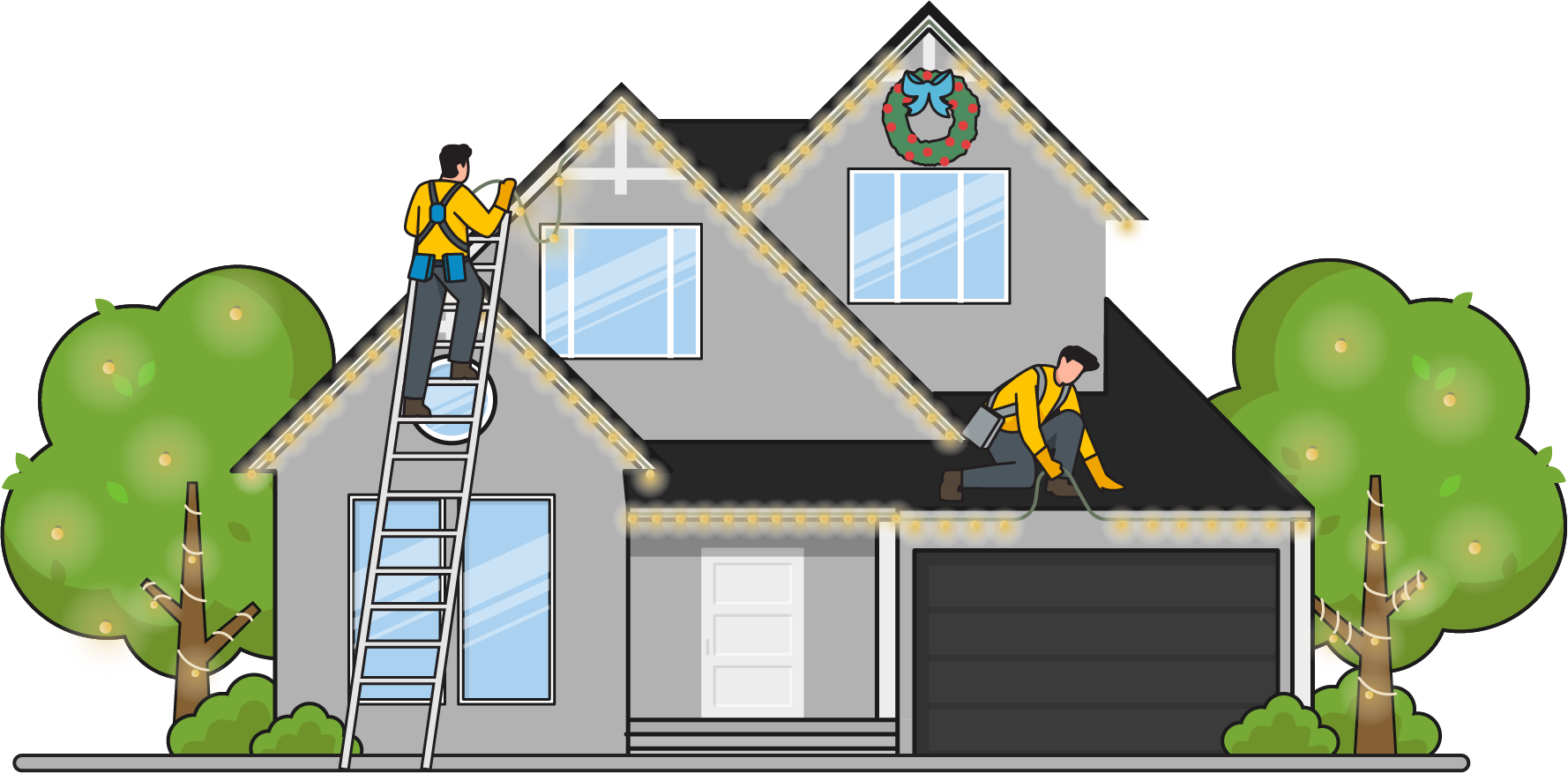 Two men are working on the roof of a house.