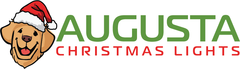 A logo for augusta christmas lights with a dog wearing a santa hat