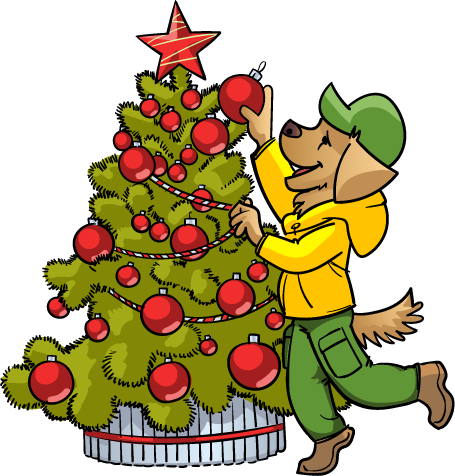 A dog is decorating a christmas tree with red ornaments