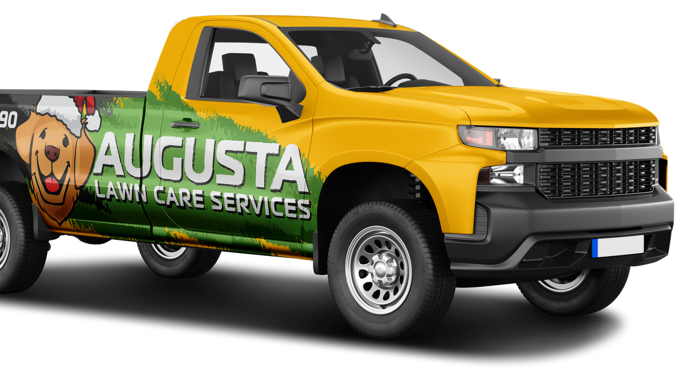 A yellow truck with a dog on the back is for augusta lawn care services.