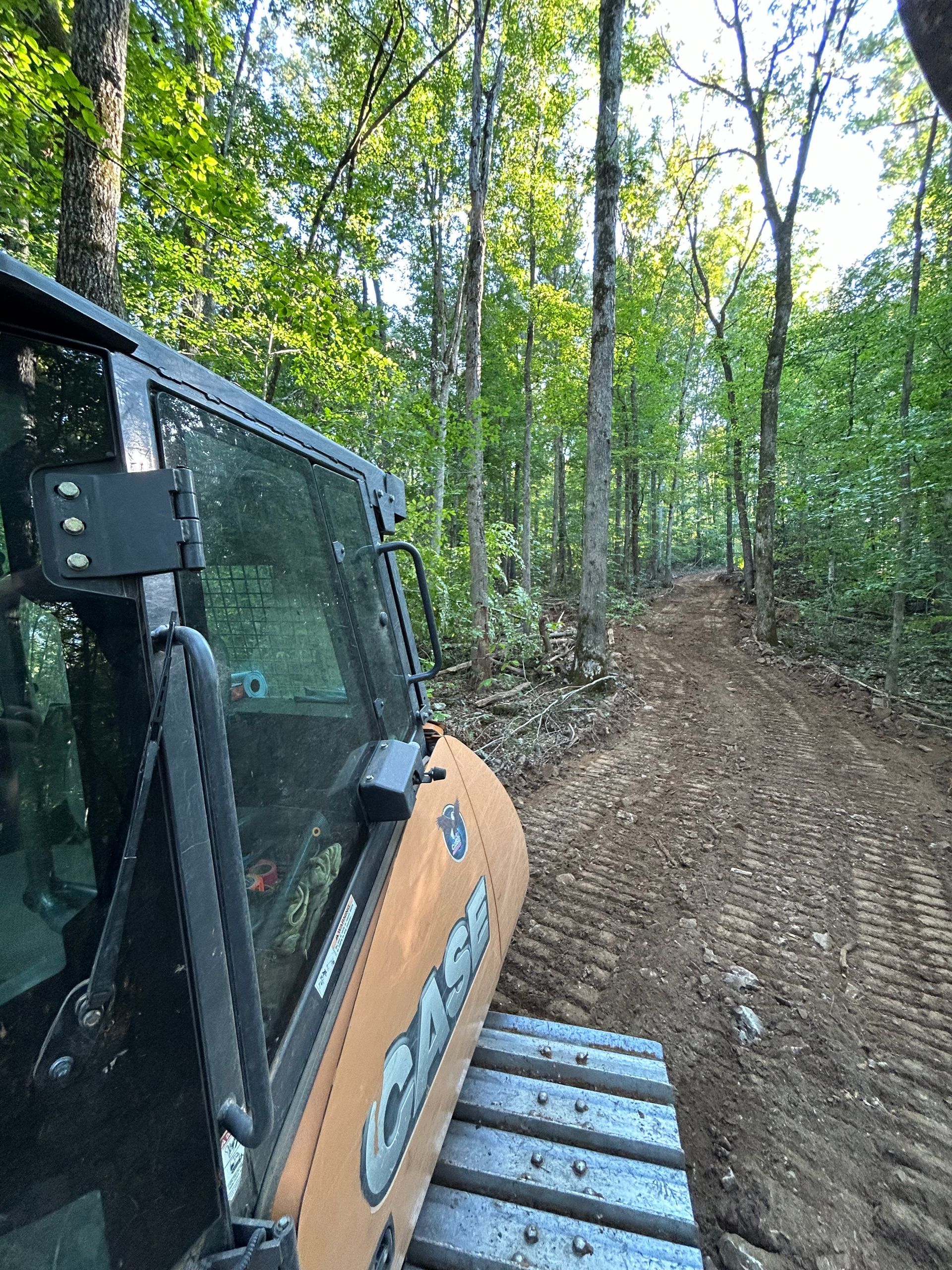 Excavator clearing a dirt path through a sunlit forest.