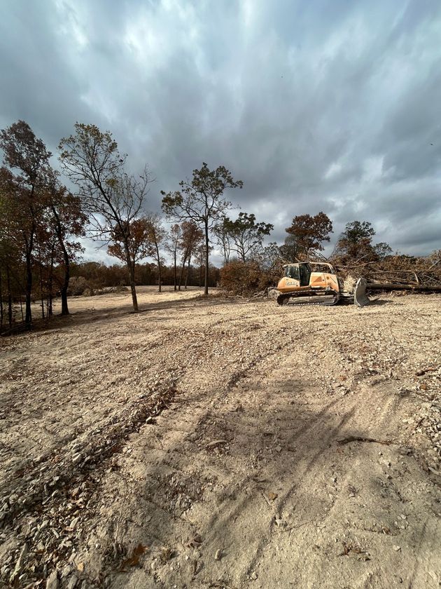 Bulldozer in a field of rocks and felled trees under a cloudy sky.