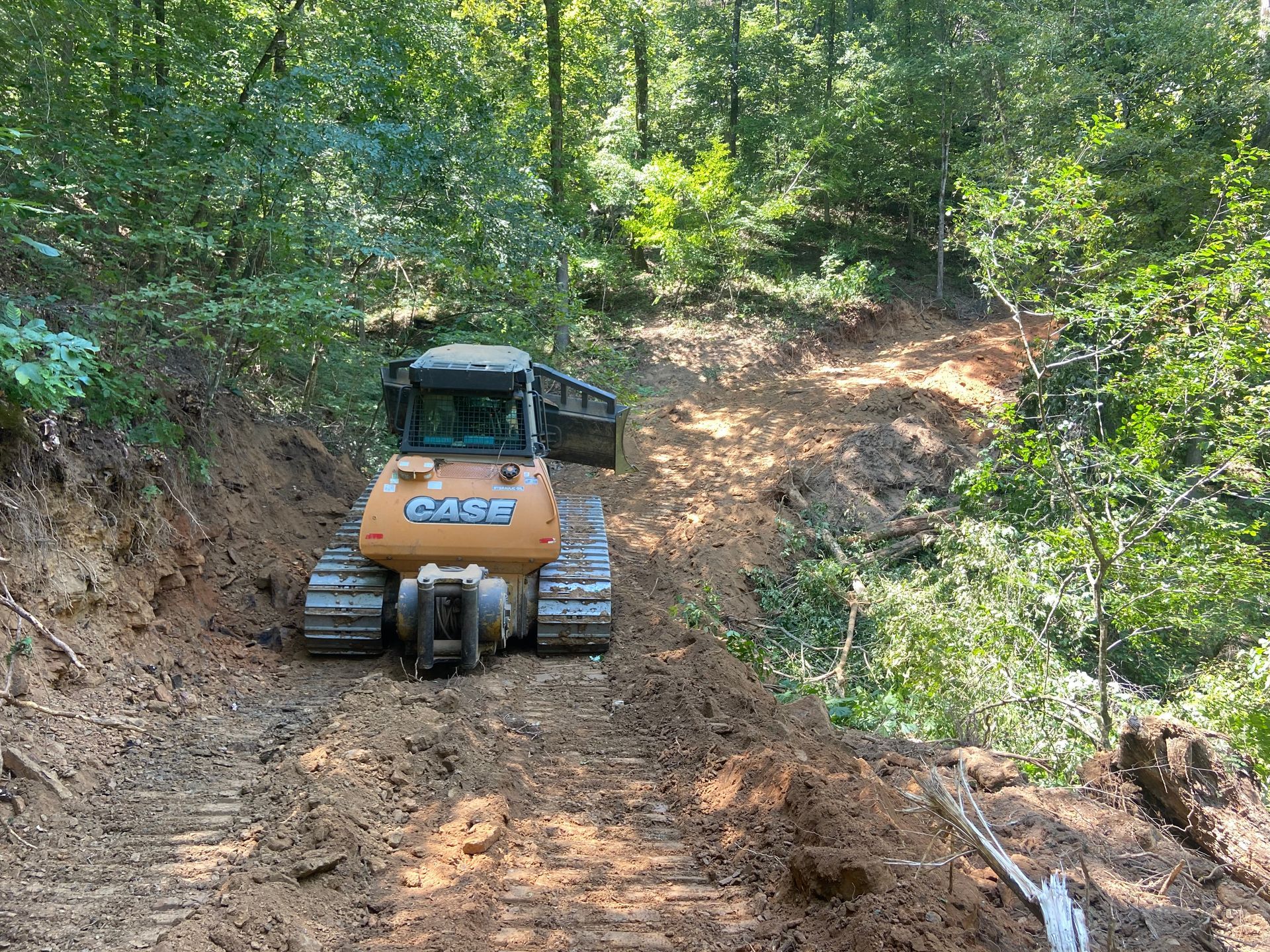 A Case bulldozer on a dirt road in a forest, clearing the path on a sunny day.
