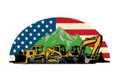 Construction equipment silhouetted in front of a mountain scene and the American flag.