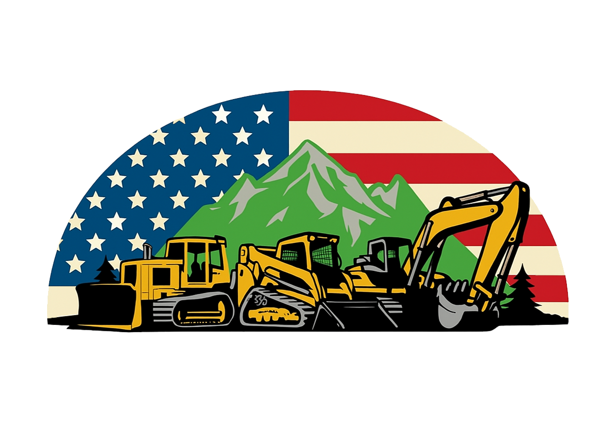 Construction equipment silhouetted in front of a mountain scene and the American flag.