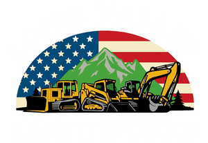 Construction equipment silhouetted in front of a mountain scene and the American flag. Long Valley Earthworks
