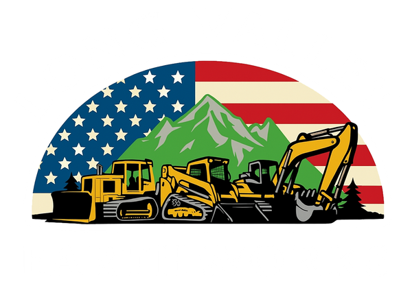 Construction equipment silhouetted in front of a mountain scene and the American flag.