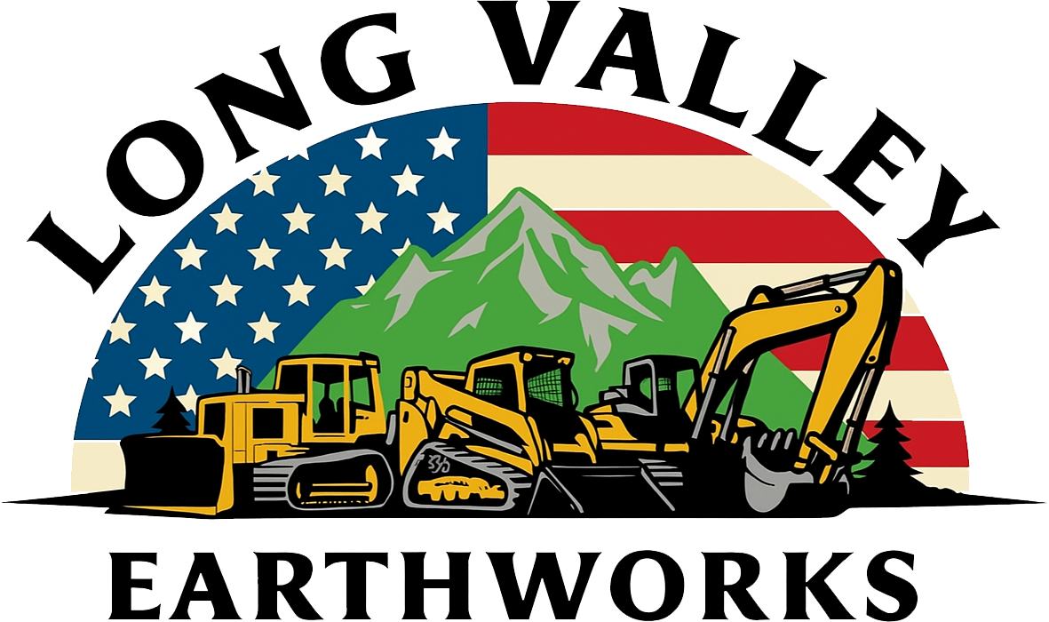 Logo of Long Valley Earthworks with construction equipment in front of American flag and mountains.