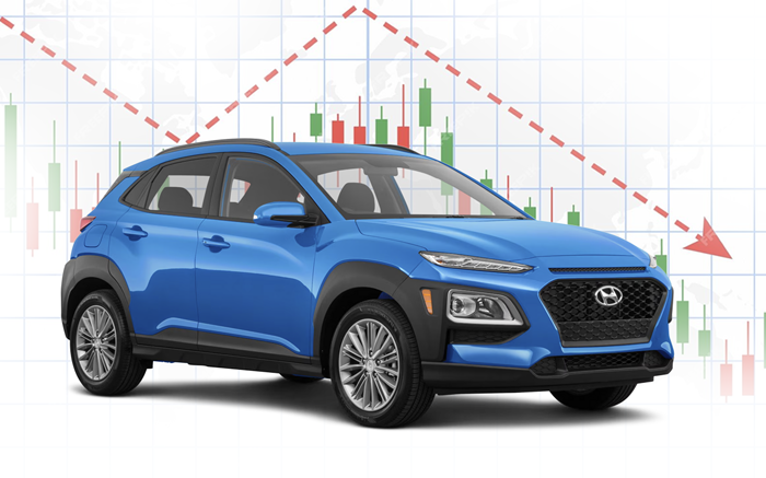 A blue Hyundai Kona depreciating in value