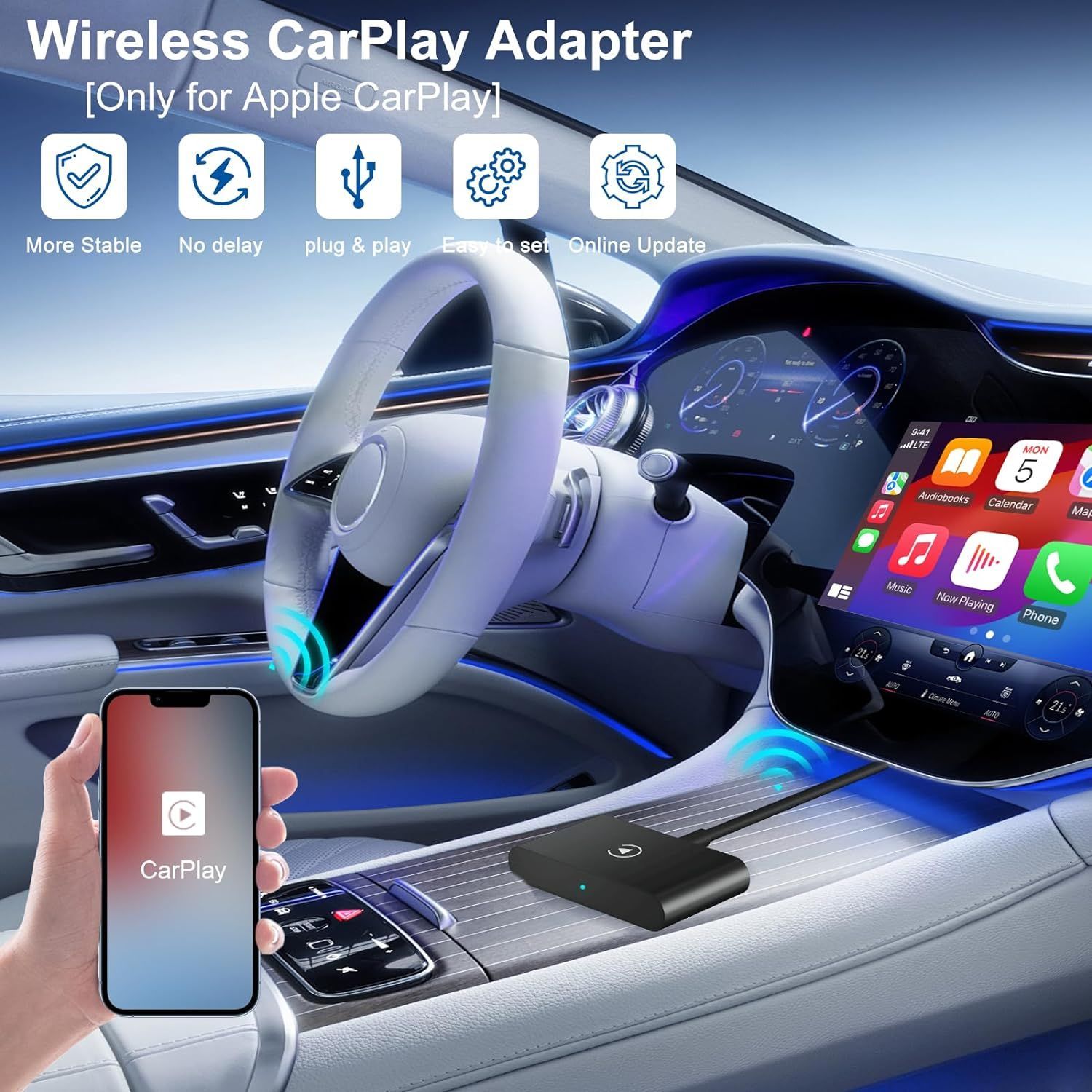 Best Tech Wireless Carplay Adapter, Wireless Dongle Adapter,  Carplay Bluetooth Adapter, Plug & Play 5GHz WiFi Online Update, Low Latency, Easy to Install, iOS 16