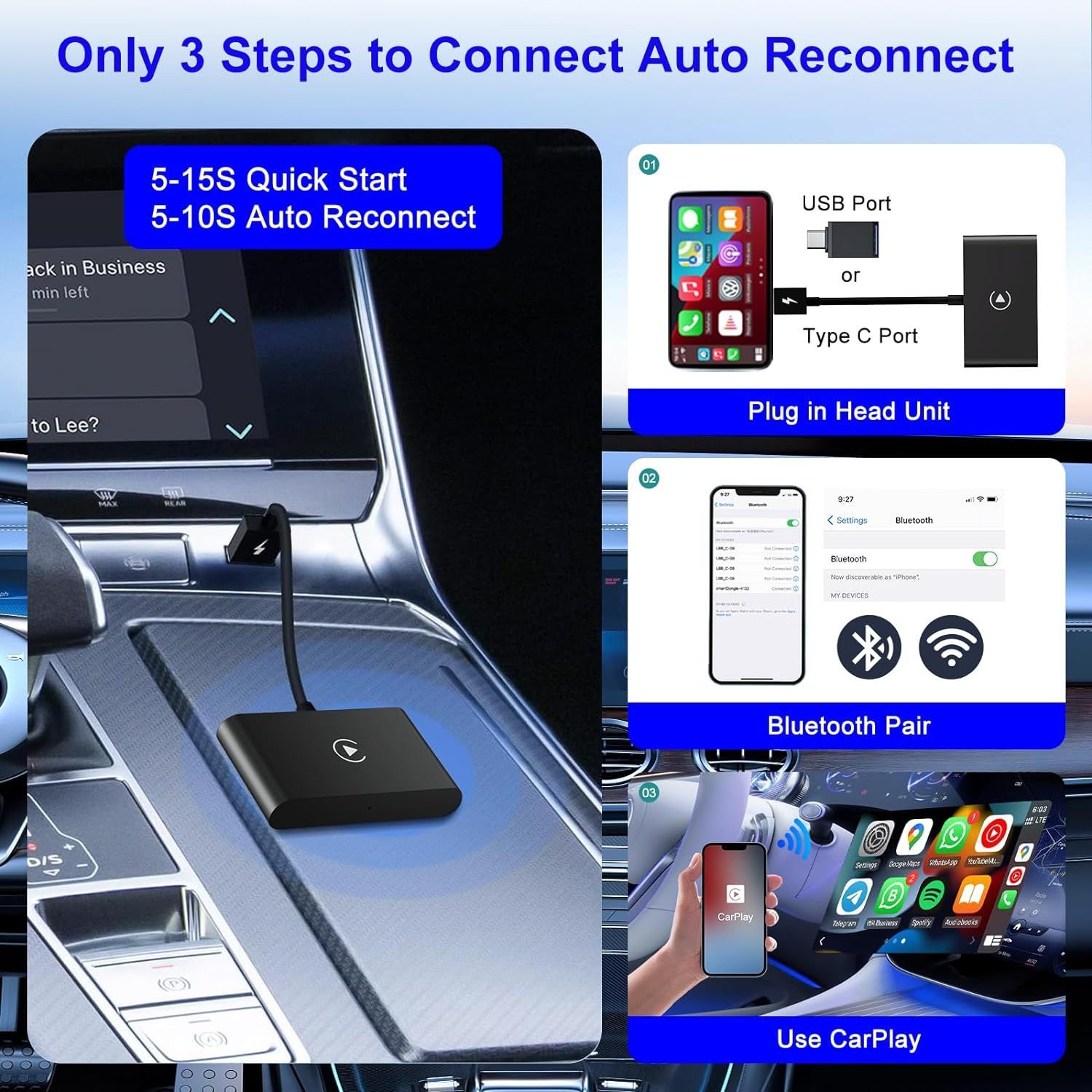 Best Tech Wireless Carplay Adapter, Wireless Dongle Adapter,  Carplay Bluetooth Adapter, Plug & Play 5GHz WiFi Online Update, Low Latency, Easy to Install, iOS 16