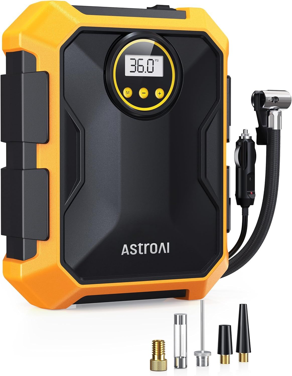 AstroAI Tyre Inflator 12V DC Portable Air Compressor, Car Accessories, Auto Tyre Pump 100PSI with LED Light, Digital Air Pump for Car Tyres Bicycles Other Inflatables (Yellow)