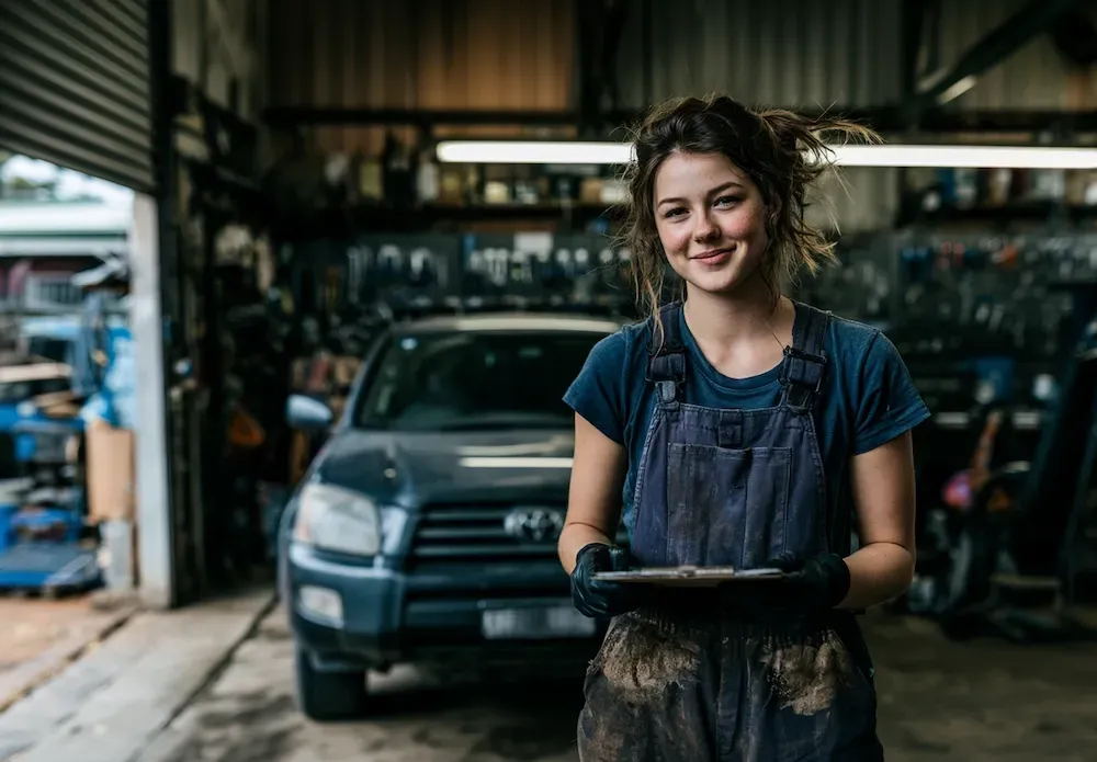 A mechanic doing a RWC on a Toyota RAV4 in a workshop