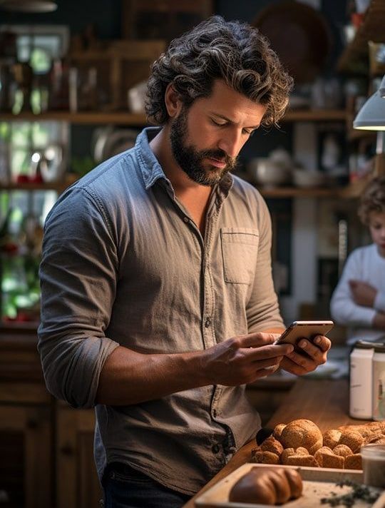 A father cooking in the kitchen and possibly getting scam message on his phone - sell any car fast Brisbane