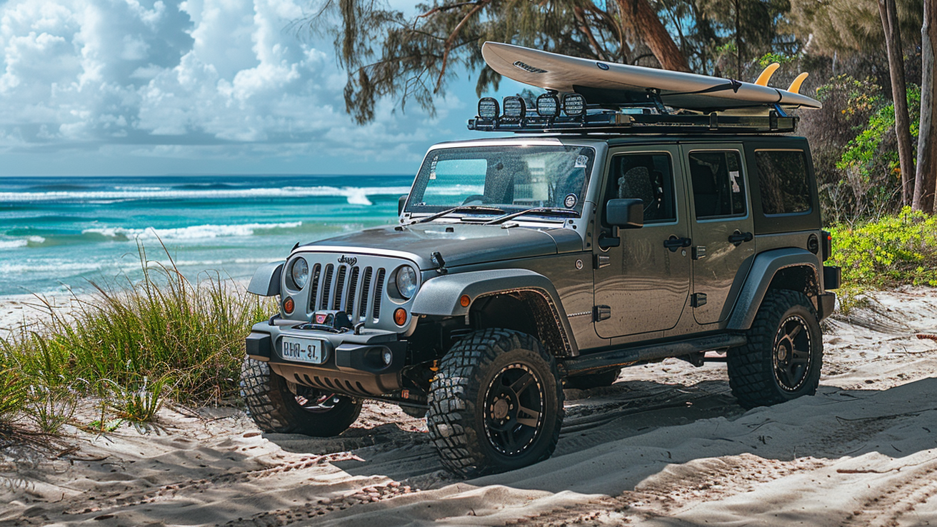 A grey Jeep Wrangler parked on the beach - Sell Any Car Fast Sunshine Coast QLD